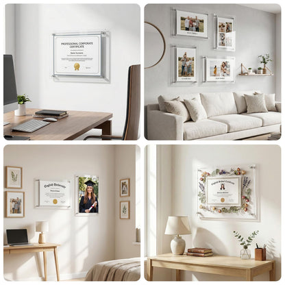 EHWINE 11x14 Acrylic Picture Frame Wall Mount 2 Pack, Floating Frameless Clear Photo Display, Certificate Diploma Poster Document Frame for Home, Office, School, Gallery Decor with Silver Hardware
