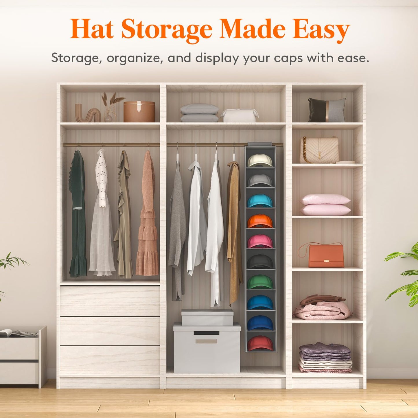 Lifewit 10 Compartments Hat Organizer for Baseball Caps, 1 Pack Hat Rack Hanging Storage organizer, Non-Woven Fabric Display Shelf Holds Up to 40 Hats, Cap Holder Hanger for Closet, Bedroom, Grey