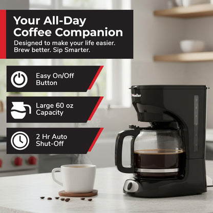 Mueller 12-Cup Drip Coffee Maker - Borosilicate Carafe, Auto-Off, Reusable Filter, Anti-Drip, Keep-Warm Function, Clear Water Level Window Coffee Machine, Kitchen Essentials & Accessories