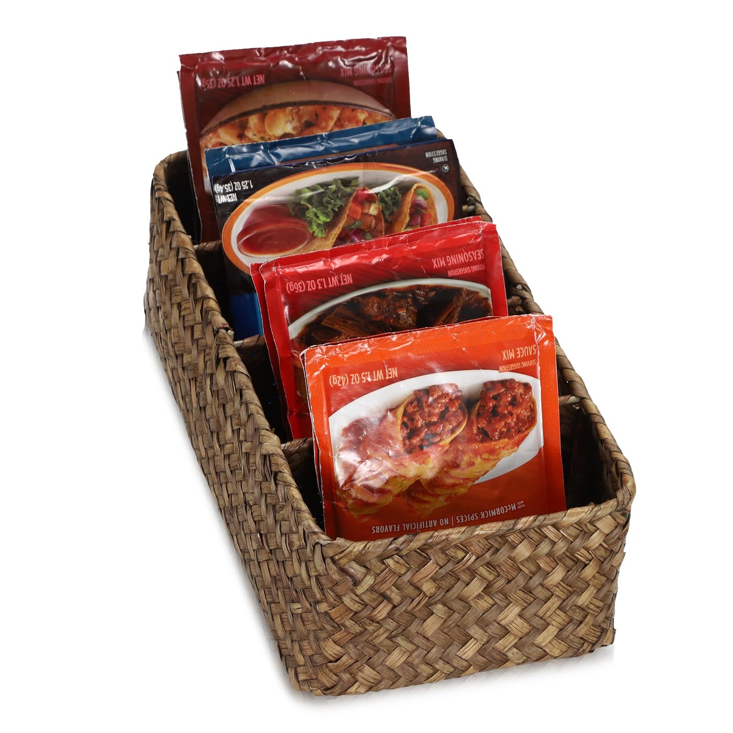 BSTKEY Seasoning Packet Organizer, Food Storage Organizer with 4 Compartments, Seagrass Woven Divided Basket for Kitchen Pantry Cabinet, Kitchen Organization Bin for Snacks Spice Packets