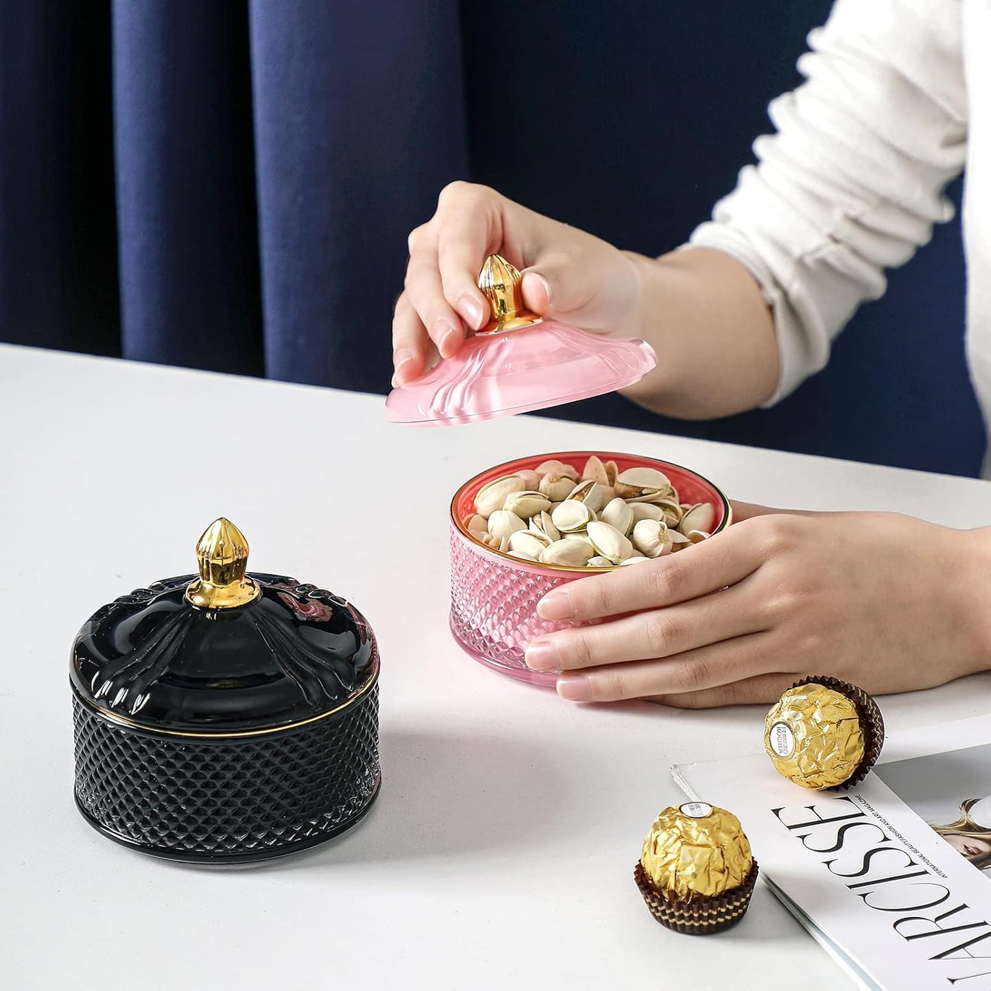 Glass Jewelry Jar, Diamond Faceted Candy Storage Bowl with Lid, Decorative Apothecary Canisters for Kitchen