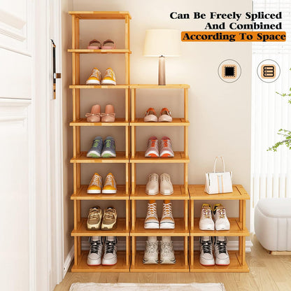 3Tier- Closet SAN HE Bamboo Shoe Rack Vertical Shoe Rack for Small Spaces, Tall Narrow Shoe Rack Organizer for Entryway