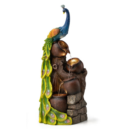 Glitzhome Oversized 4-Tiered Peacock and Jars Polyresin Outdoor Floor Fountain with Pump and LED Light, 40" H