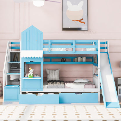 Twin-Over-Twin Bunk Beds Castle Style Bunk Bed with 2 Drawers 3 Shelves and Slide - Blue