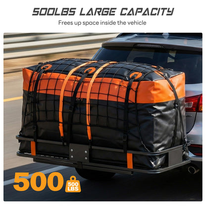 KMFurnila Folding Hitch Mount Cargo Carrier, 60.1" x 20" x 6" Steel Rack with 500 lbs Capacity, Includes Waterproof Bag, Cargo Net, Combination Lock, Straps and Hitch Stabilizer