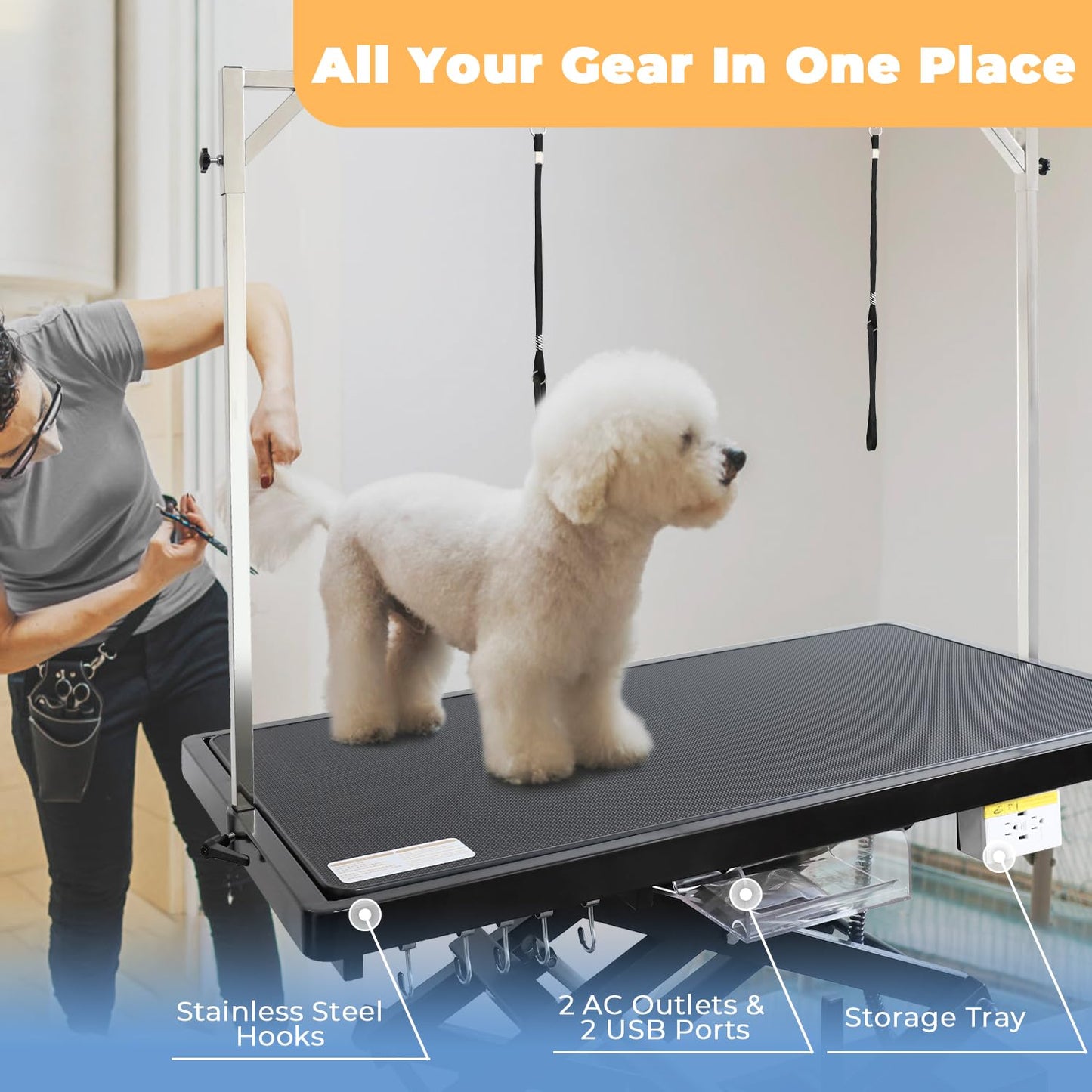 UDSONFY Electric Pet Dog Grooming Table, 50" Heavy Duty Grooming Table Professional Double X-Lift for Large Dogs Adjustable Height: 12"-45.8" Non-slip, AC Outlets, Storage Tray, 2 Nooses, Black
