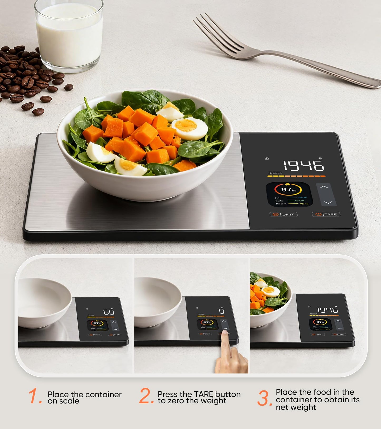 KUAIVO Smart Nutrition Food Scale with TFT Display, Tracks Calories, Fat, Carbs & Protein, Works with App for Daily Reports, 50 Built-in Foods, 23 Nutrients, Digital Kitchen Scale for Meal Prep
