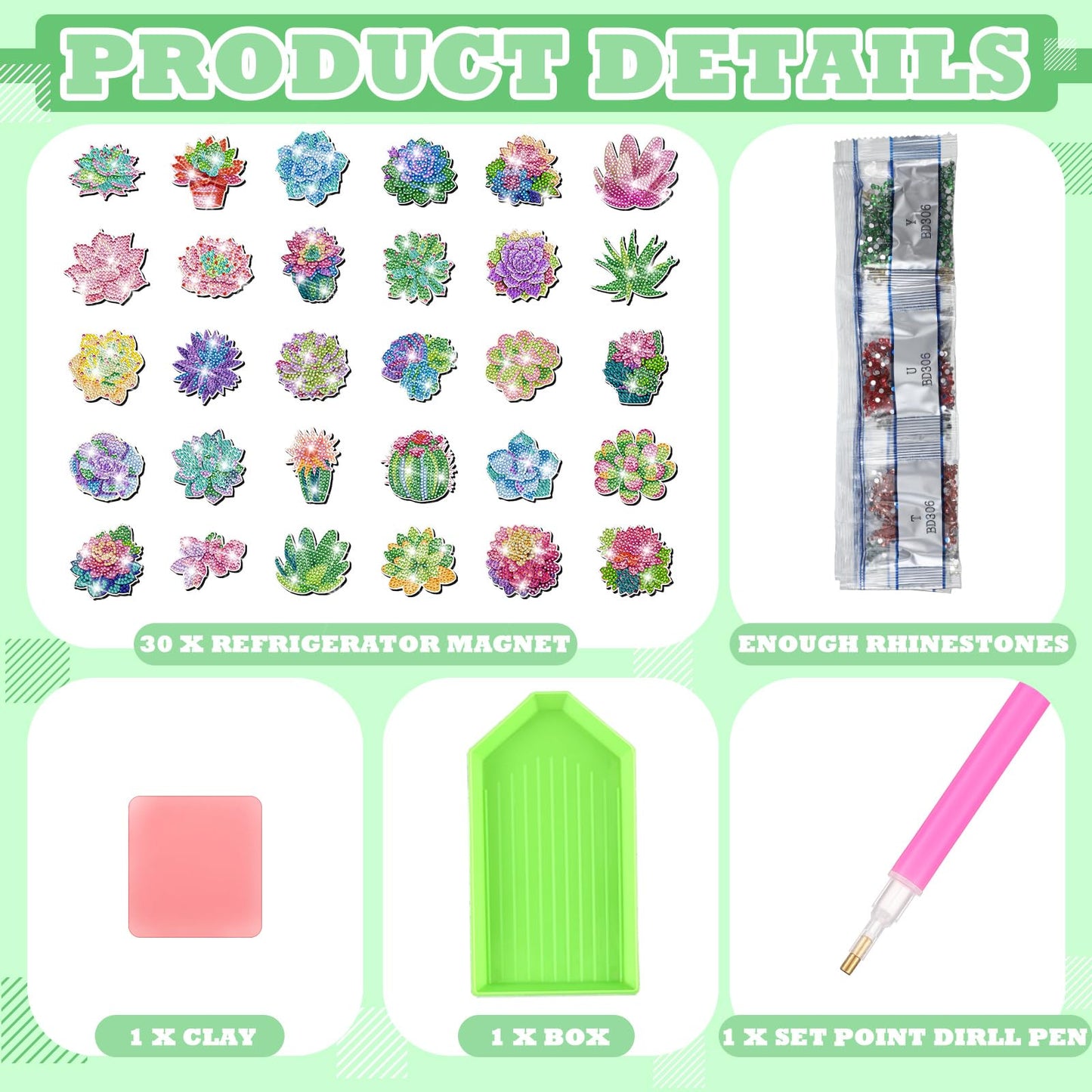 Remuuly 30 Pcs Succulent Diamond Painting Magnets, Spring Diamond Art Magnet Kits for Adults, Succulent Plant Flower 5D Rhinestones Refrigerator Magnetic Stickers for Beginner, DIY Crafts Fridge Gifts