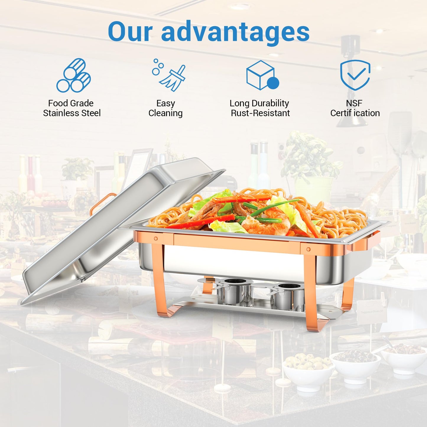 PrecisionAuto Chafing Dish Buffet Set, 6 Pack 8.45QT Chafers Buffet Servers and Warmers with Full Size Food & Water Pans, Heat-Resistant Handles, Sturdy Bracket, Stainless Steel Rectangle Catering