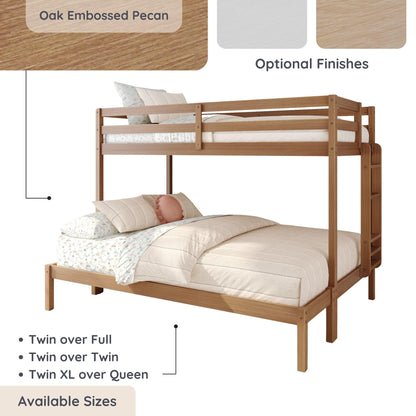 Grain & Grove Bear Twin XL Over Queen Bunk Bed, Sturdy Bunk Bed Frame for Kids, Plywood Bunk with Ladder, Guardrail, and Slats, No Box Spring Required, Oak Embossed Pecan