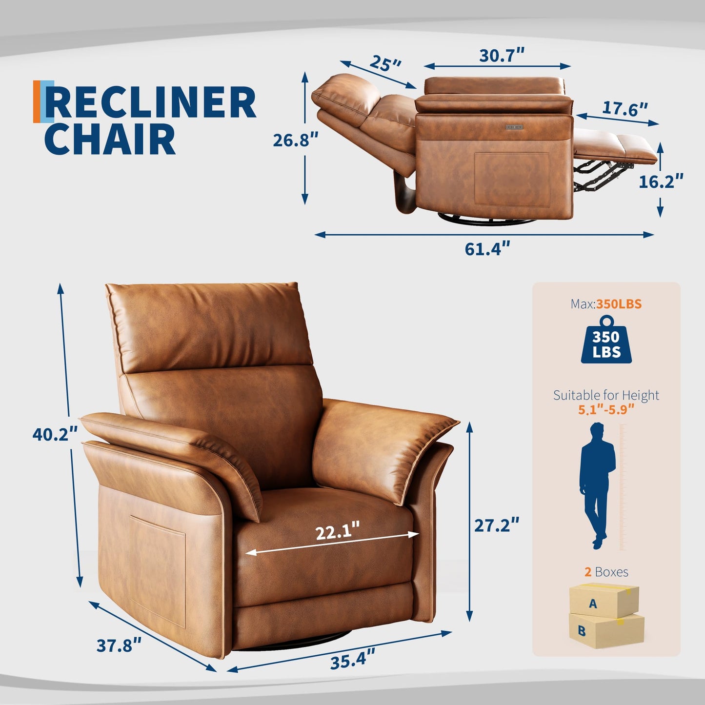 GAOMON Swivel Rocking Recliner Chair, Manual Leather Recliner Glider with Lumbar Support & Padded Armrest, Comfortable Rocker Nursery Single Sofa for Living Room and Bedroom (Walnut)