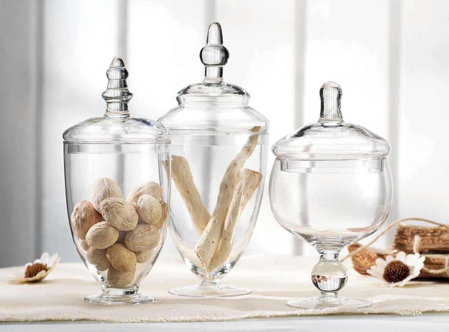 Small Apothecary Jars with Lids Set of 3, Home Essentials & Beyond, for Candy Buffet, Glass decor, Laundry Room, Potpourri, DIY Crafts and Bathroom Jars
