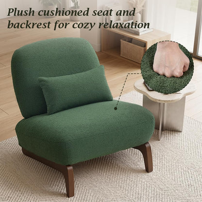 WELAX Modern Boucle Accent Chairs Set of 2, Sturdy Tilted Wood Legs with Thick Cushion & Comfy Lumbar Pillow, Armless Reading Chairs for Living Room, Lounge, Bedroom - Green