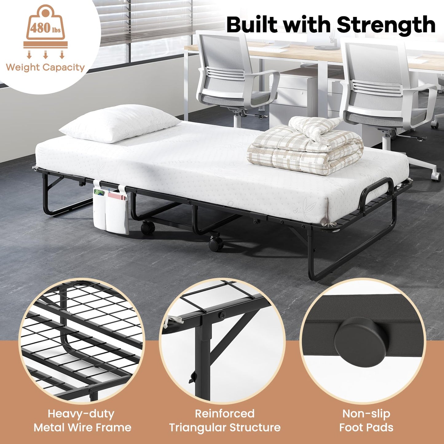 Giantex Twin Folding Bed with 5 Inch Mattress, Rollaway Guest Bed with Top Pillow, Storage Pocket & Metal Frame, Space-Saving Fold up Beds, Portable Roll Away Beds for Adults, 75" x 39"
