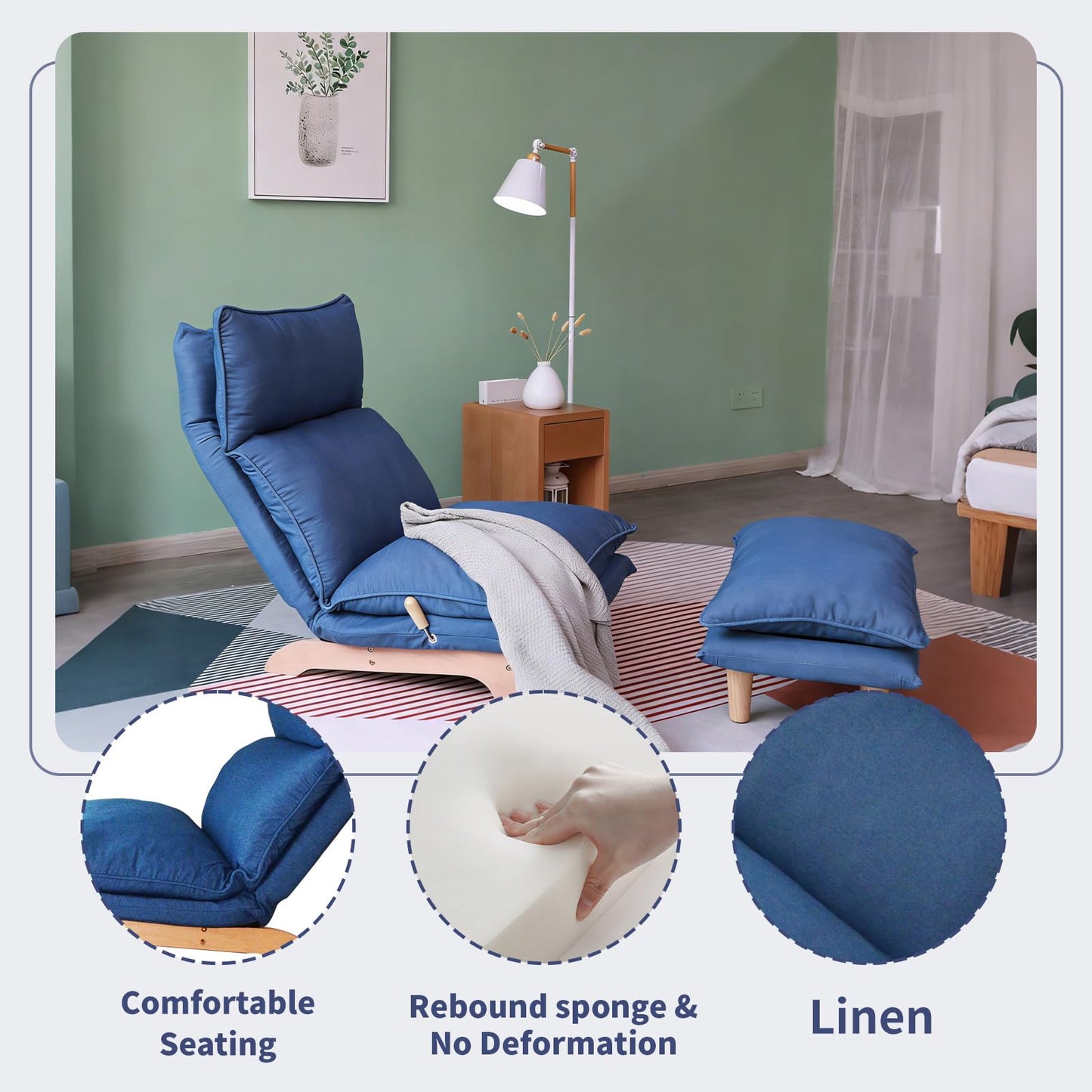 Dark Blue Lazy Floor Lounger with Ottoman, Adjustable Floor Chair Bean Bag Style Tatami Sofa with Thick Cushions and Back Support, Comfy Lounge Seating for Adults, Gaming & Bedroom Relaxation