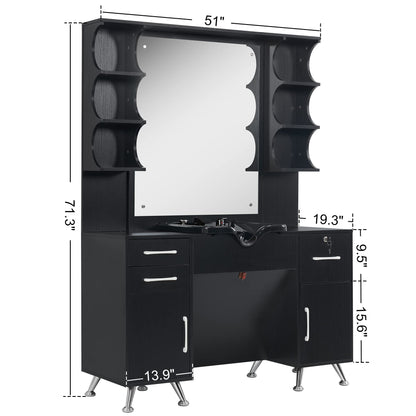 BarberPub Backwash Shampoo Bowl Cabinet, Wall Mount Station with Mirror, Storage Cabinet with Drawers & Shelf Salon Equipment 3141 (Black)
