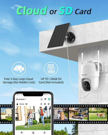 MaxiViz 2K Solar Camera Security Outdoor, 100% Wire-Free Security Cameras Wireless Outdoor with Solar Panel, 360° Panoramic View, Color Night Vision, AI Motion Detection, IP66 Weatherproof, 2 Pack