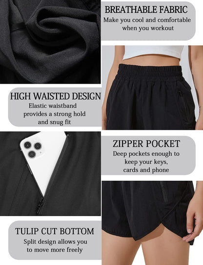 BMJL Women's Running Shorts Elastic High Waisted with Pockets, 2.5" Sporty Workout Quick Dry Athletic Shorts(S,Black)