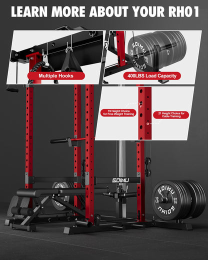 GOIMU RH01 Power Cage Rack, 2000LBS Squat Rack with with Cable Crossover System&LAT Pull Down System, Multi-Function Workout Cage for Home&Garage Gym (Red, RH01 Power Cage)