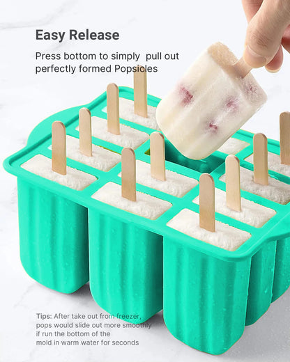 12 Cavities Silicone Popsicle Molds,Popsicle Molds, Food Grade Cake Molds for Ice Cream,Complimentary 50 sticks,green