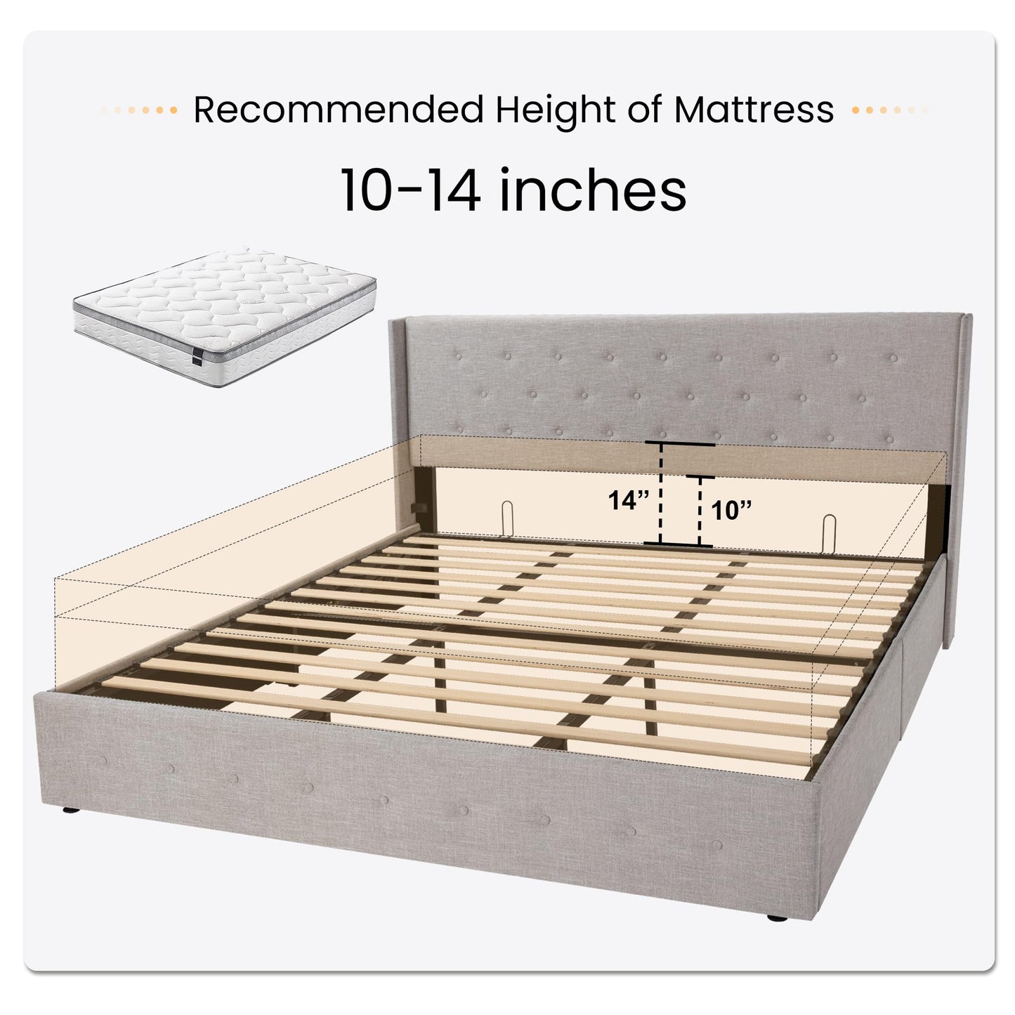 SHA CERLIN King Size Lift Up Storage Bed Frame,Button Tufted Wingback Headboard,Upholstered Platform,Hydraulic Storage,Wooden Slat Support,No Box Spring,Light Beige