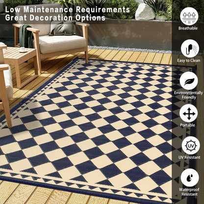 HUGEAR Outdoor Rug for Patios Clearance,Waterproof Mat,Large Outside Carpet,Reversible Plastic Straw Camping Rugs,Rv,Porch,Deck,Camper,Balcony,Backyard (5x8,Checkered/Black&Beige)
