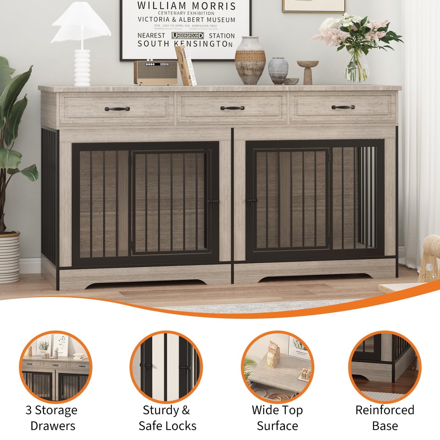 Extra Large Double Dog Crate Furniture – 70.9" Heavy Duty Wooden Kennel for 2 Medium or Large Dogs, Decorative End Table with 3 Drawers, TV Stand, Indoor Dog Cage with Double Doors