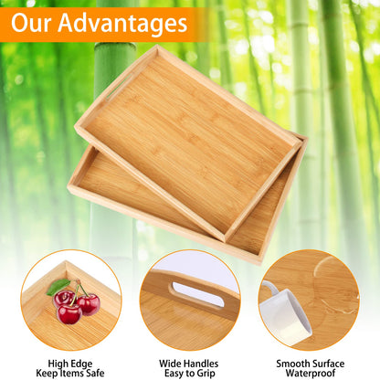 2-Pack Bamboo Serving Trays with Handles, 16" and 13", Decorative Food Tray Set for Breakfast, Coffee, Tea, Snacks, Ideal for Coffee Table, Ottoman, Living Room & Kitchen