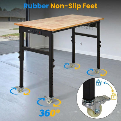 70-Inch Height Adjustable Workbench with Power Outlets, Solid Rubber Wood Top Heavy Duty Garage Tool Table, Workstation with Pegboard, Hooks and Ruler