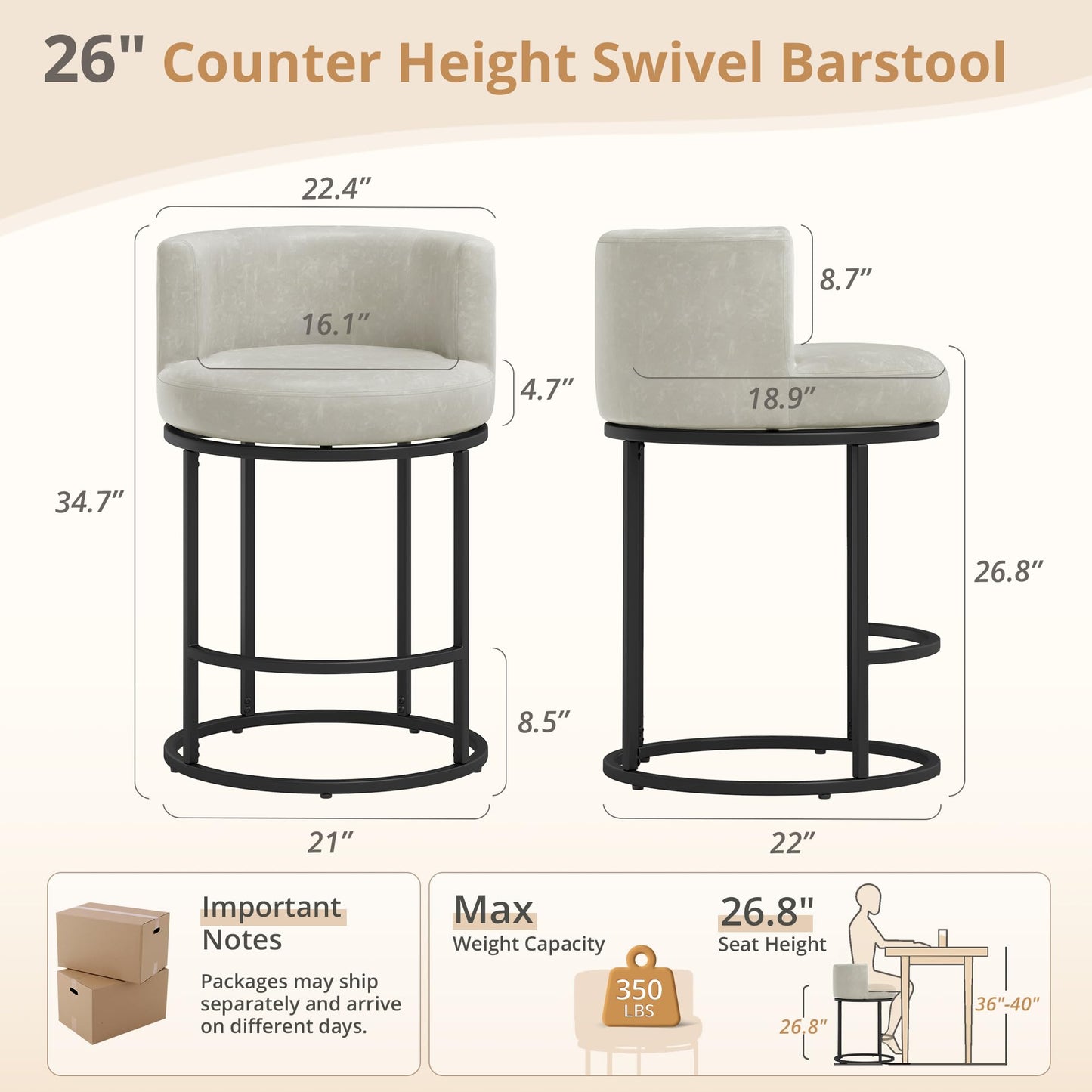 LUE BONA 26.8" Counter Height Bar Stools Set of 3, 180° Swivel Bar Stools, Modern Barrel Counter Stools with Metal Frame, Faux Leather Upholstered Barstools for Kitchen Island, Light Beige Gray