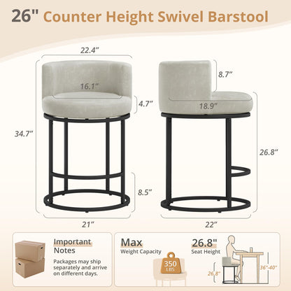 LUE BONA 26.8" Counter Height Bar Stools Set of 3, 180° Swivel Bar Stools, Modern Barrel Counter Stools with Metal Frame, Faux Leather Upholstered Barstools for Kitchen Island, Light Beige Gray