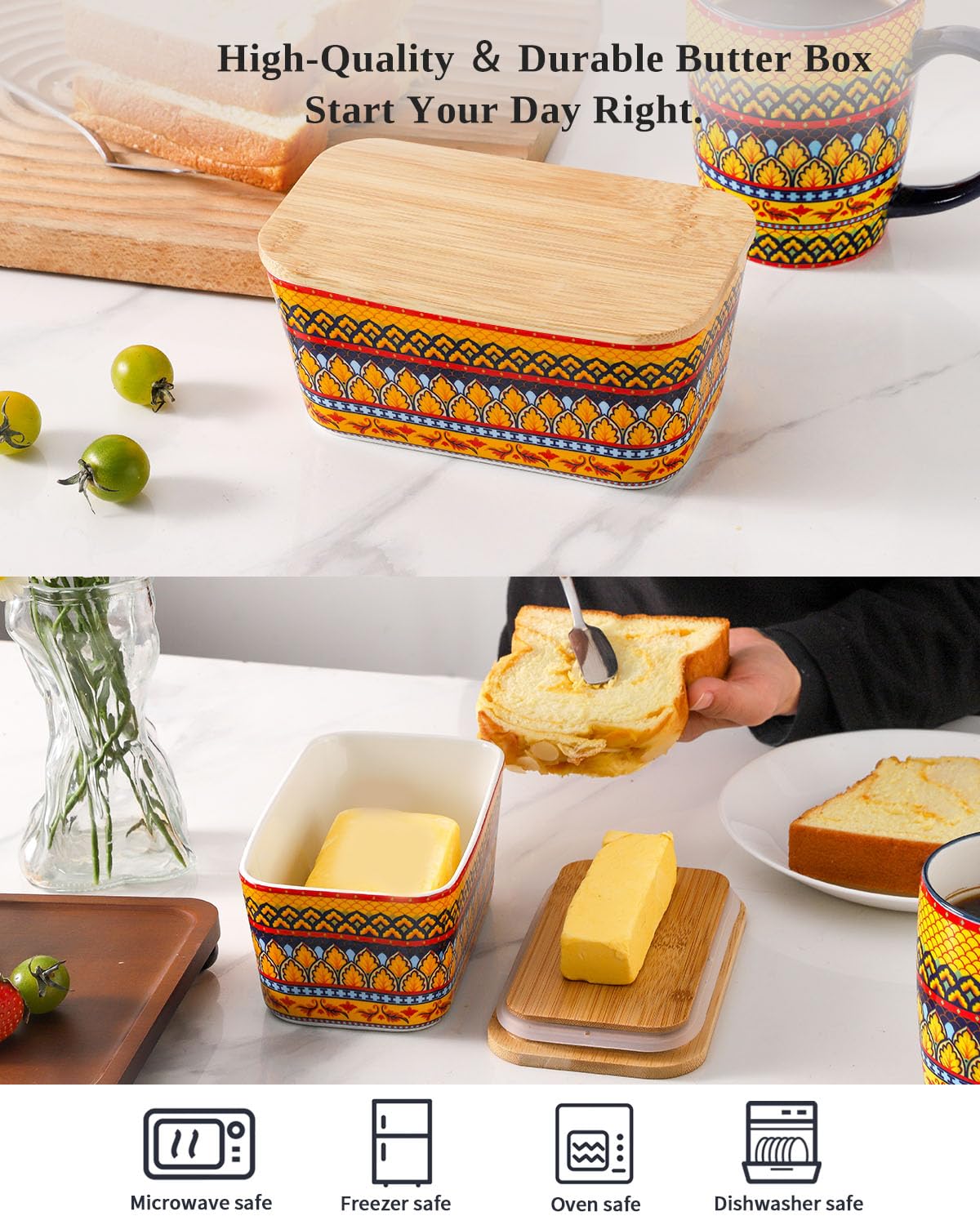 JINGUS Butter Dish, Large Ceramic Bohemian Butter Dish with Lid for Countertop, Airtight Butter Container Holder Keeper Box Storage with Bamboo Cover and Silicone Ring for East West Coast