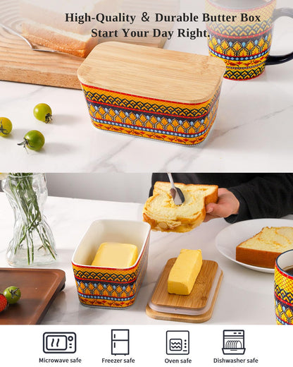 JINGUS Butter Dish, Large Ceramic Bohemian Butter Dish with Lid for Countertop, Airtight Butter Container Holder Keeper Box Storage with Bamboo Cover and Silicone Ring for East West Coast