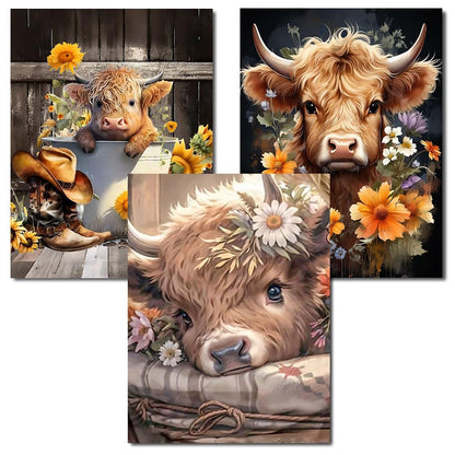 Axquilon Diamond Art Kits for Adults - 3 Pack Highland Cow Diamond Painting Kits for Adults, 5D Round Full Drill Cow Gem Art, Paint by Diamonds Pictures DIY Crafts Kits 12x16inch