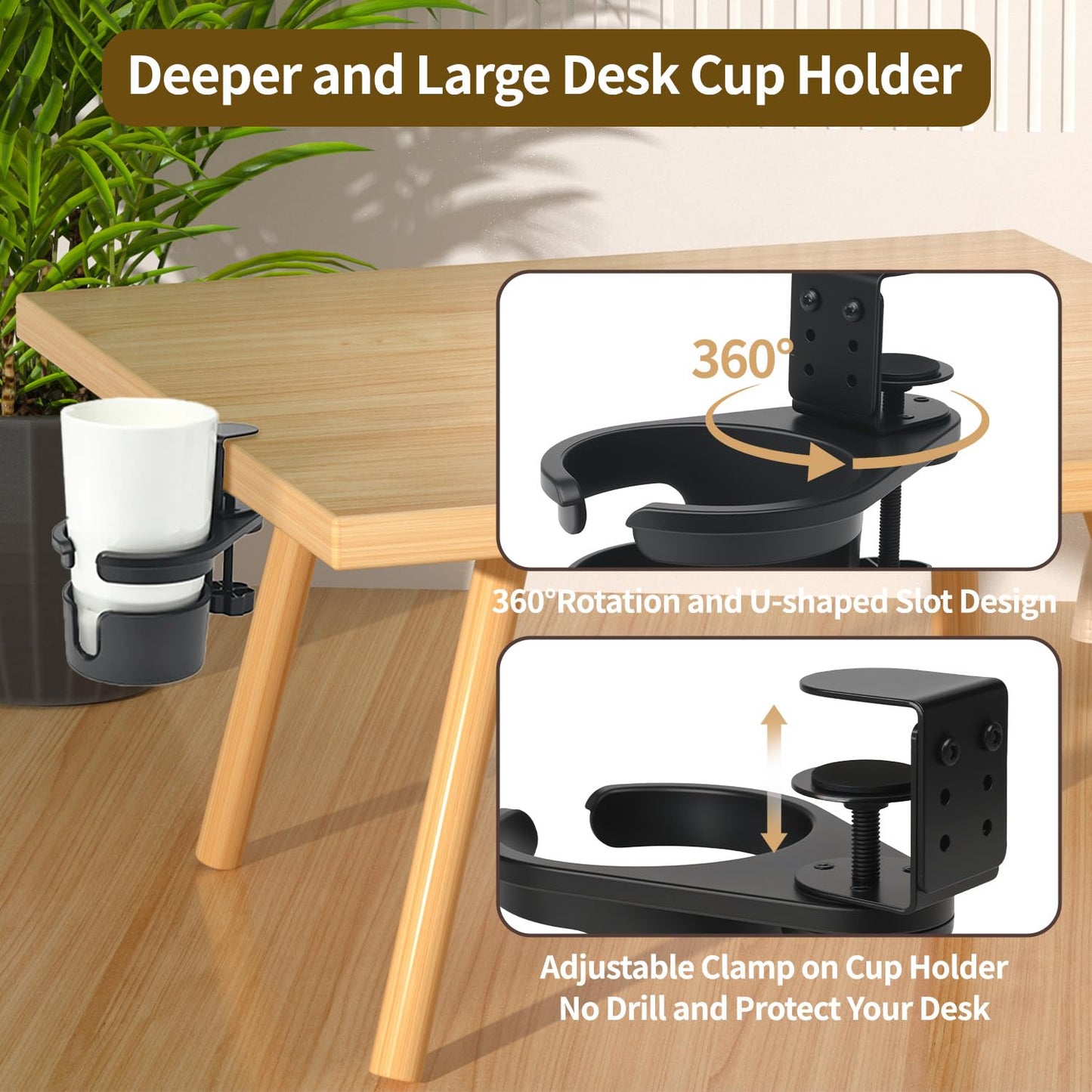 DecBeLiv 360° Rotating Cup Holder Under Desk Anti Spill Space Saving for Home Office Camping for Mugs, Glass, Heavy Drink