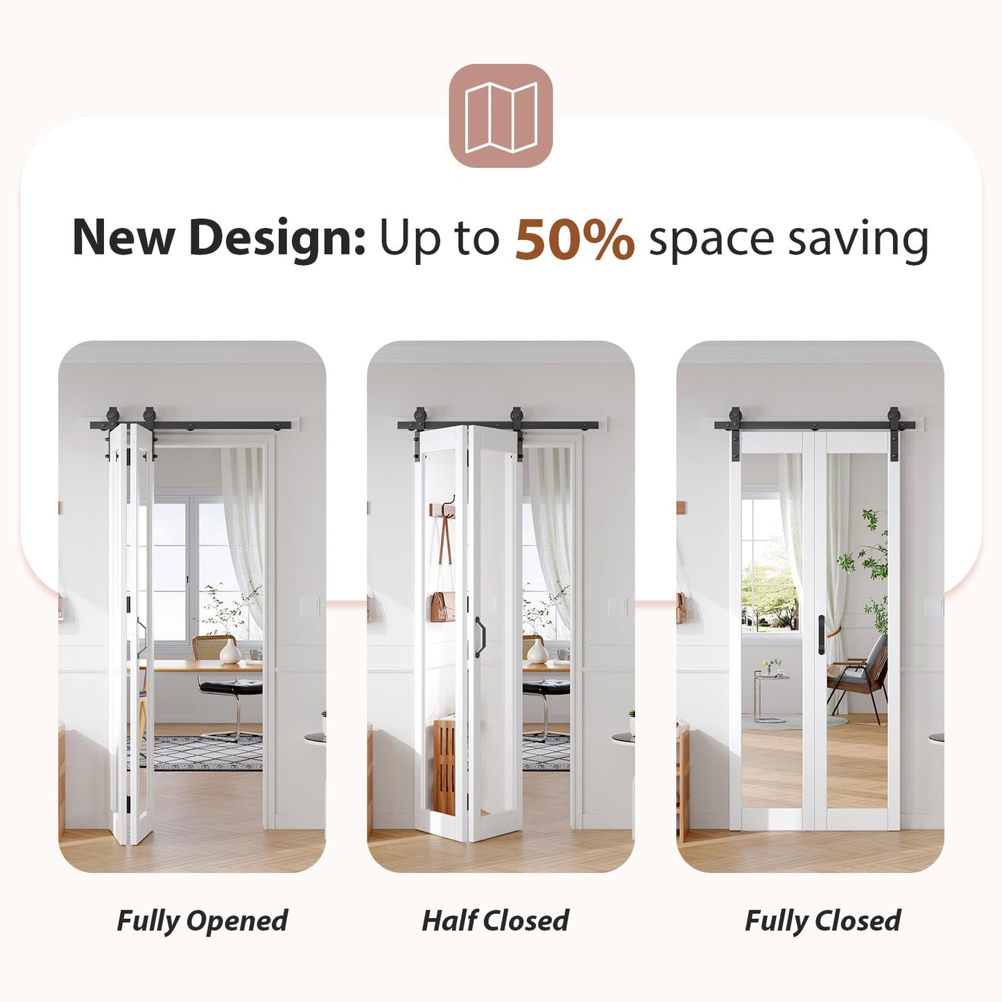 FREDBECK Bifold Barn Door 36x84 (Double 18x84) Hardware Kit Included,40" Track for 2 Doors, PVC, White,for Living Room, Bathrooms, Kicthen