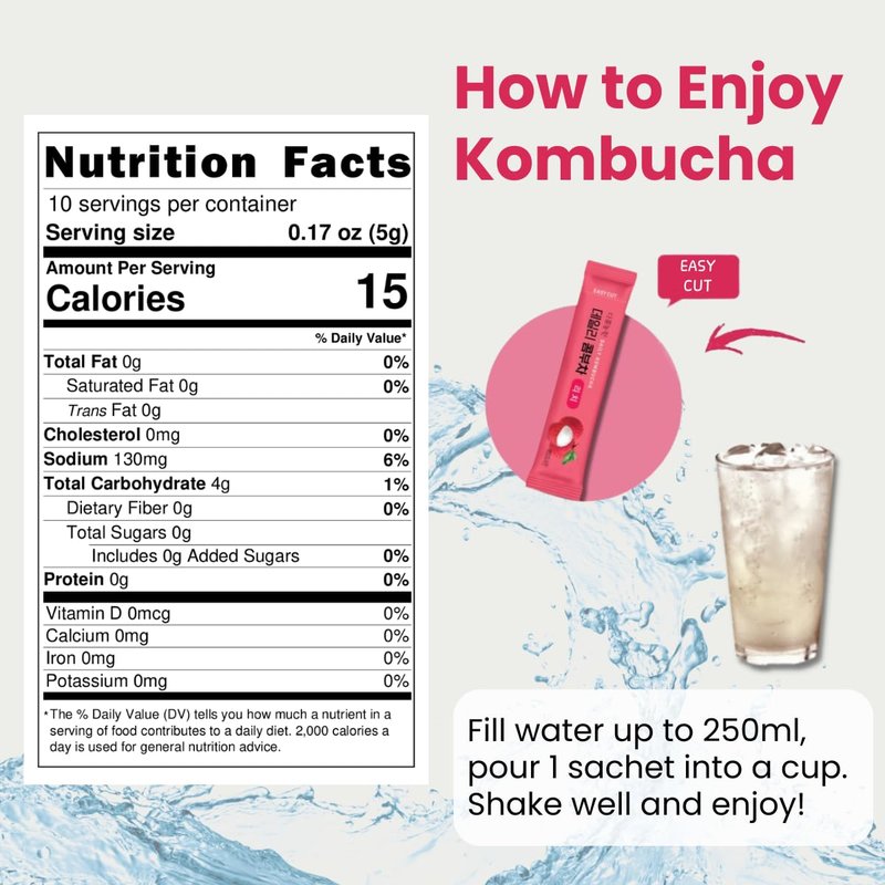Korean Kombucha Tea, Powder 5g x 10 Sachets (50g/3.52oz) Probiotics, Prebiotics, Sugar Free, Diet Tea, Healthy Drink (5 Variety Flavor)