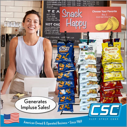 Snack Rack Countertop Display Stand, 3 Rows, 45 Clips, Black, Metal, Hang Chips, Snacks, Candy at Retail, Great for Parties and Events,1 Pack