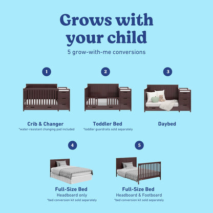 Graco Hadley 5-in-1 Convertible Crib & Changer – GREENGUARD Gold Certified, Fits Standard Crib Mattress, Converts to Toddler Bed and Full Bed, 4 Adjustable Mattress Heights (Espresso)