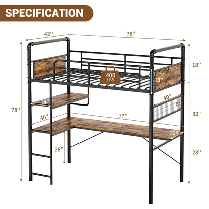 IDEALHOUSE Loft Bed Twin Size with l-Shaped Desk, Metal Bunk Bed with 2 Open Shelves and Decorative Mesh, Twin Loft Bed with 13.4" h Safety Guard & Ladder,No Box Spring Needed,Brown