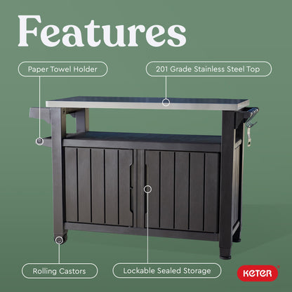 Keter Outdoor Rolling Table Cart for Food Prep, Storage, Bar & Grill, Dark Brown - Portable Kitchen Island Tabletop with Wheels for Drinks, Snacks, and Cooking