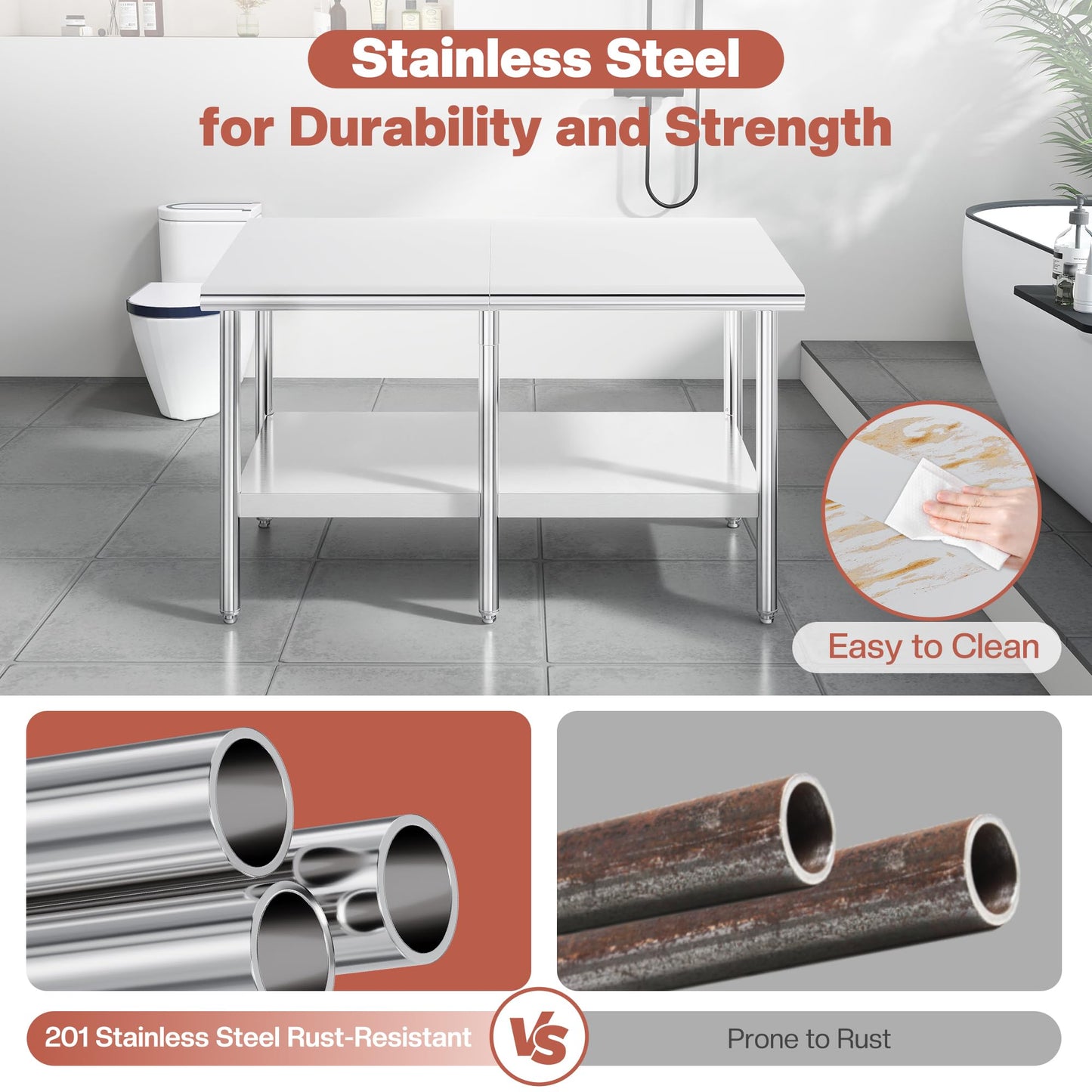 Jocisland 30" x 60" Stainless Steel Table for Prep & Work, Food-Grade Stainless Steel Adjustable Under Shelf and Feet, for Commercial Kitchen, Restaurant, Hotel, Garage