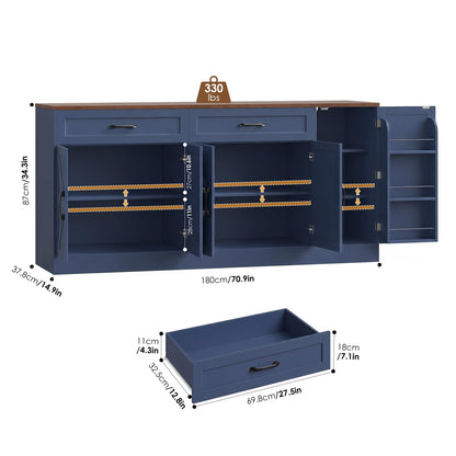 BOTLOG 71” Large Sideboard Buffet Cabinet with Storage, Farmhouse Buffet Cabinet with Adjustable Shelves and 3 Door Shelves, Wood Coffee Bar Console Table for Kitchen, Dining Room (Blue)