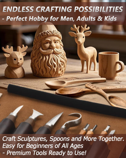 Wood Carving Kit Whittling Kit: Deluxe Wood Carving Tools Knife Set with Leather Case - Woodworking Hobby Kit for Beginners Adults Kids - DIY Art Craft Gift for Men Teens