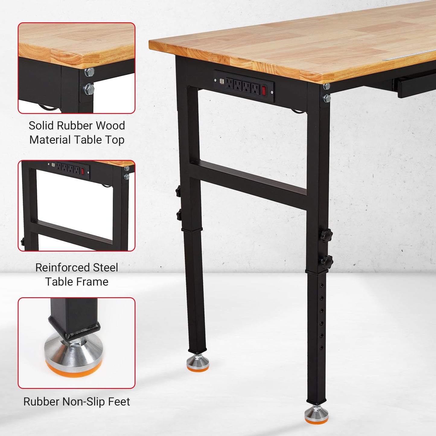 60"X24" Heavy Duty Workbench with Drawer, 29.5"-39.4" Adjustable Height, Rubber Wood Table with Lockable Wheels & Power Outlets for Garage, Workshop, Office - 2200 Lbs Capacity