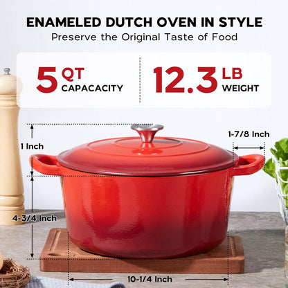 5QT Onader Enameled Cast Iron Dutch Oven, Round Dutch Oven Pot with Lid for Sourdough Bread Baking - Red