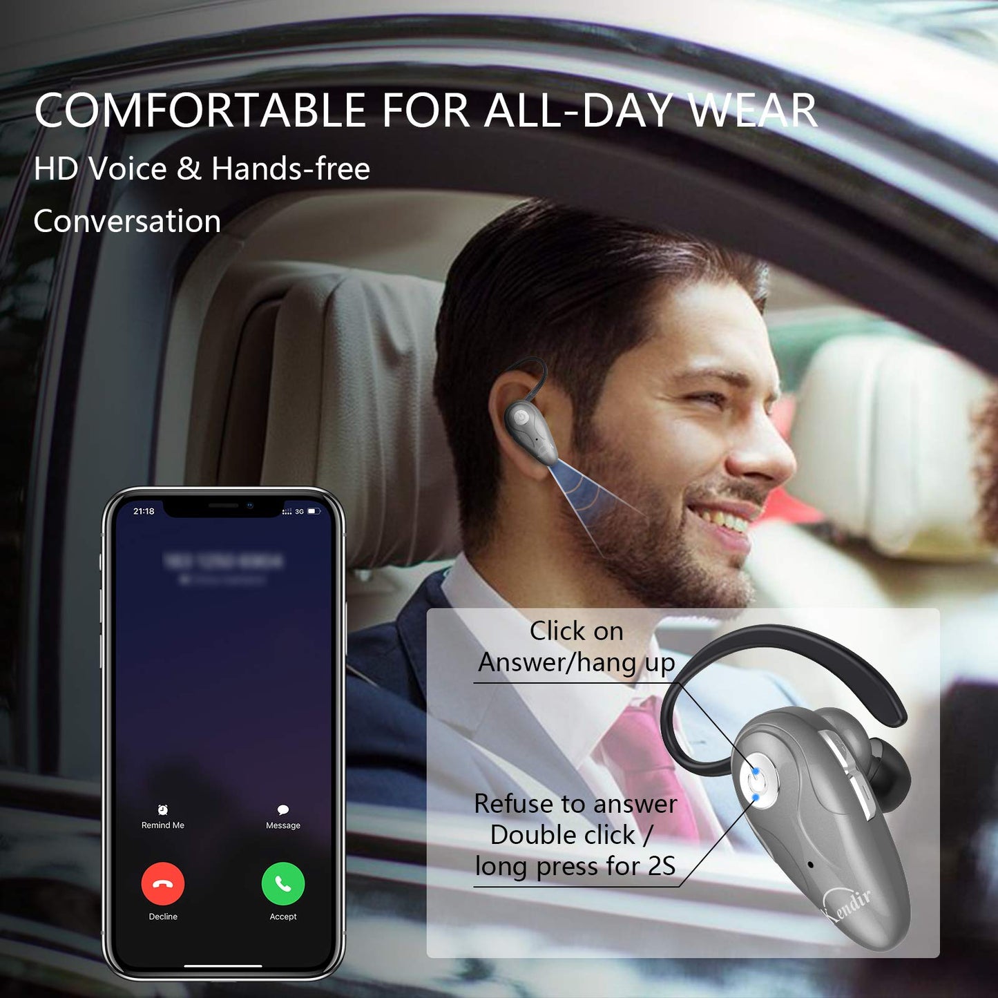Bluetooth Headset, V5.0 Ultralight Wireless Headphone Cell Phone Earpiece with Mic Headsetcase,Volume Control, Handsfree Earbud,Compatible with Android/iPhone/Smartphones/Laptop