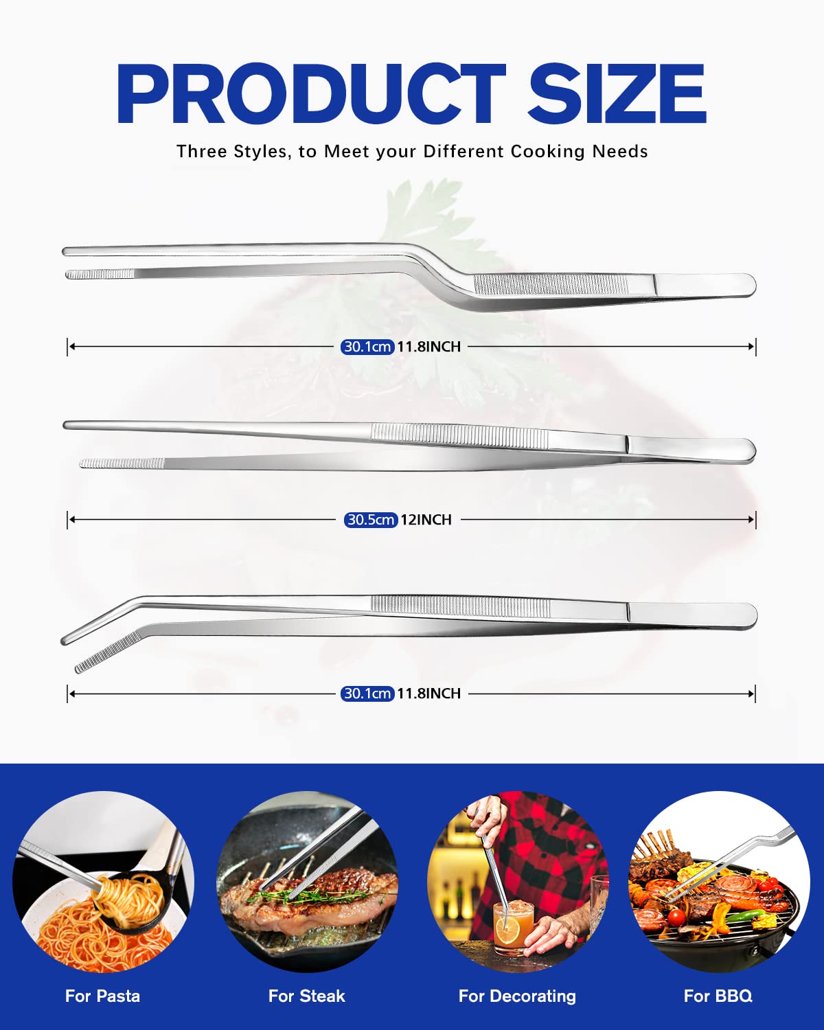 Fine Cooking Tweezers Set, Professional Stainless Steel Food Tongs, Kitchen Black Long Chef Tweezer for Cooking, Plating, Decorating and BBQ (SILVER, 12 inch)