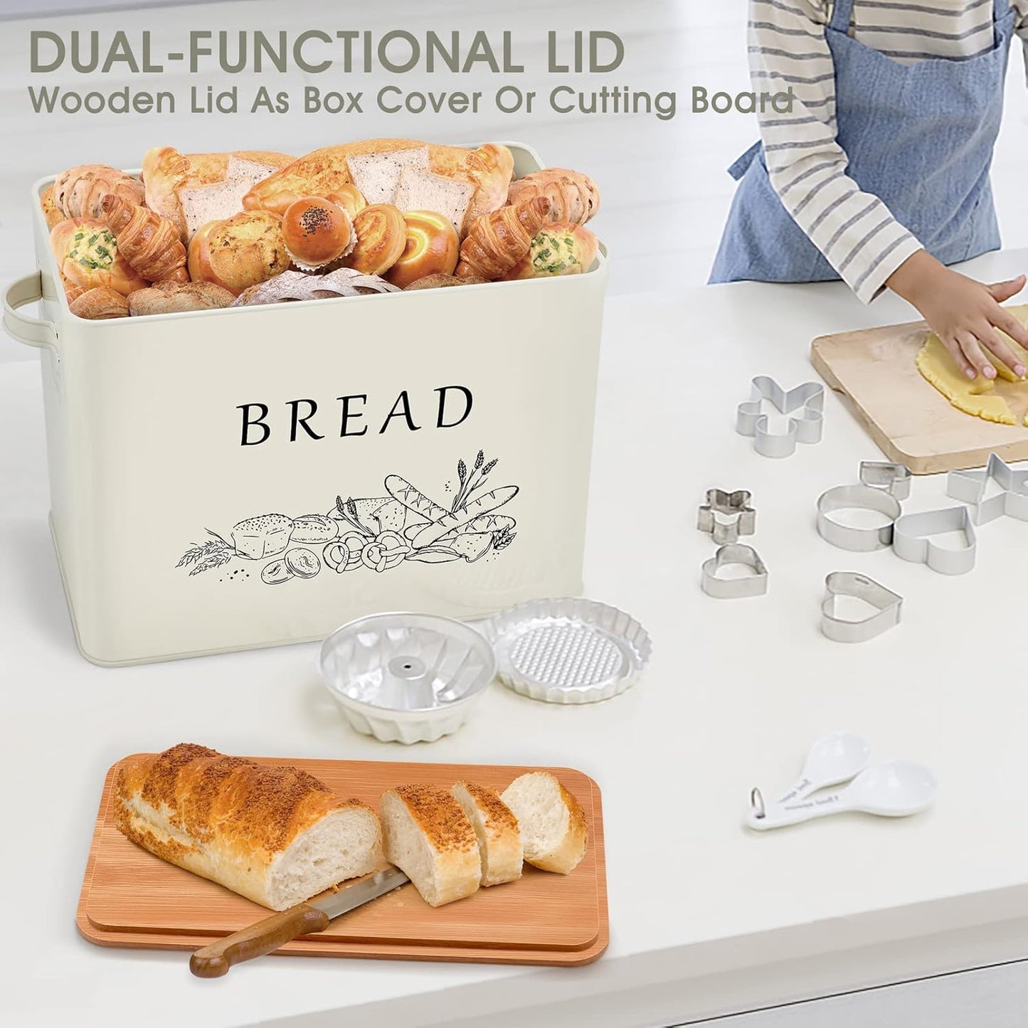 13.1 7.2 9.7 Countertop, TeamFar Bread Box with Wooden Lid, x x Bread Container Storage Holder for Family Farmhouse