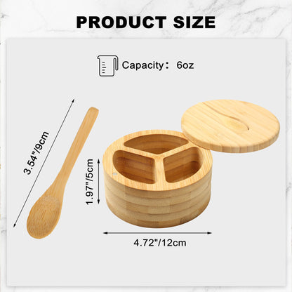 Dvehdbay Salt Cellar - Salt Container Holder with Swivel Magnetic, 3 Compartment Salt Cellar with Lid and Spoon Holder, Wood Bowl Box, Salt and Pepper Bowls with Swivel Lid to Storage, 6OZ